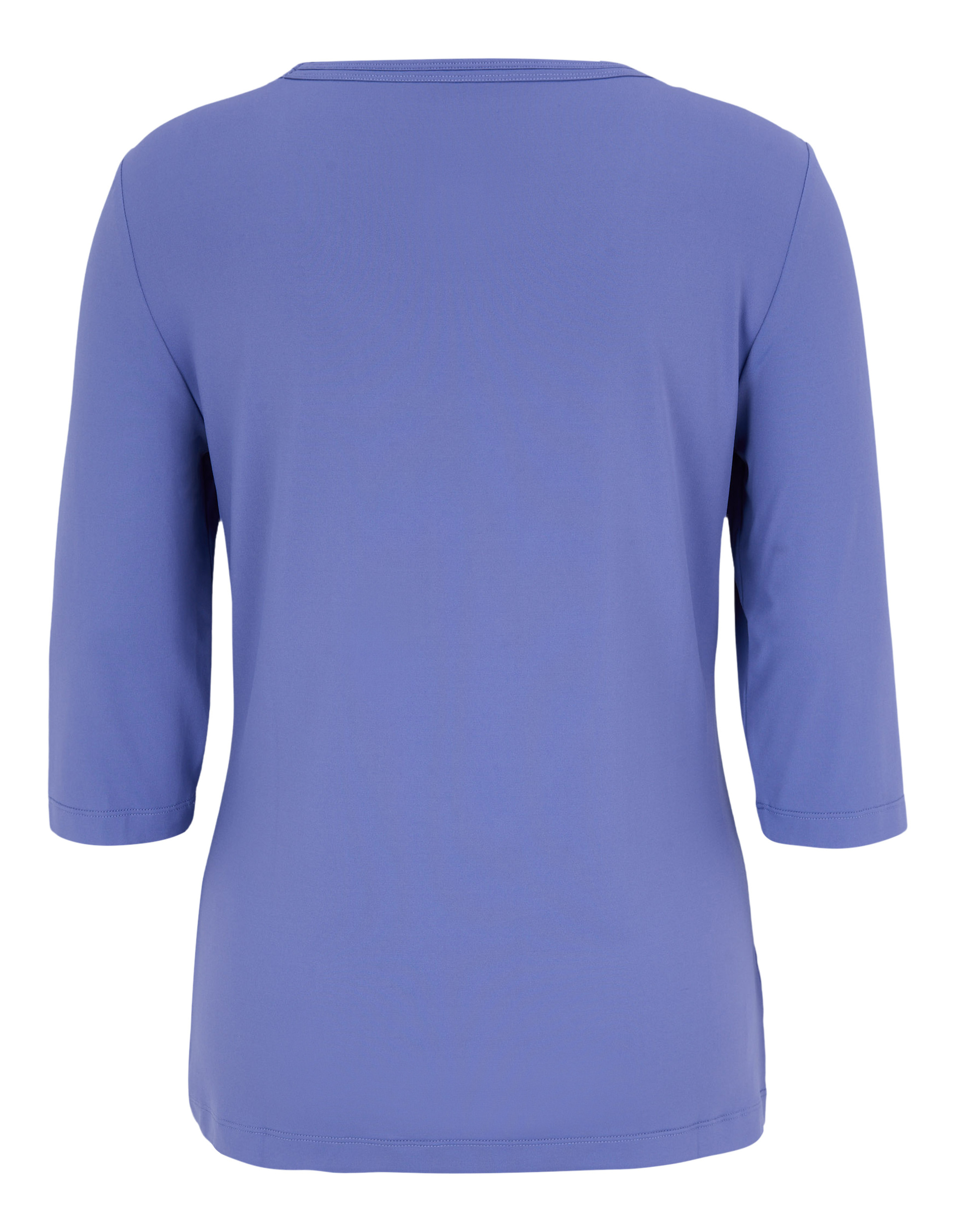 Blaues Oberteil mit Dreiviertelärmeln und Rundhalsausschnitt, in einem schlichten, eleganten Design, von hinten gezeigt.