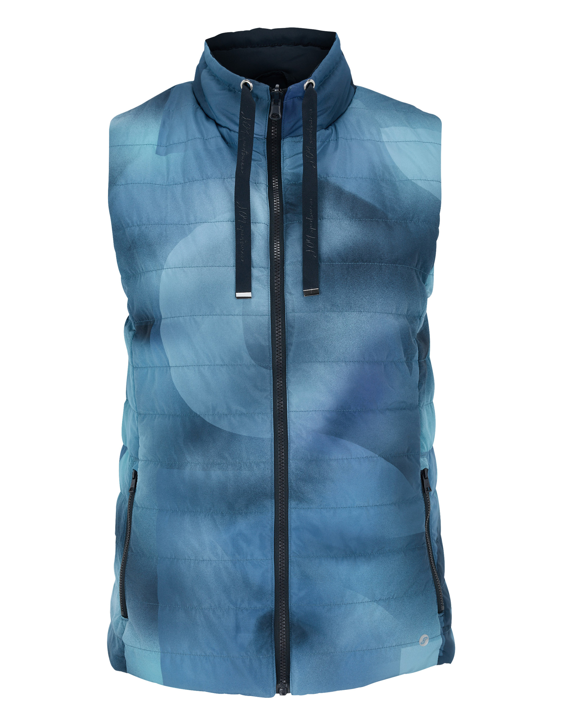 Steppweste in Blautönen mit Reißverschluss, hohem Kragen und Seitentaschen, ideal für kühle Tage und sportliche Aktivitäten.